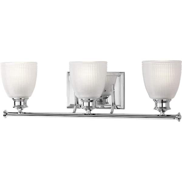 Progress Lighting Lucky Collection 3-Light Polished Chrome Frosted Prismatic Glass Coastal Bath Vanity Light