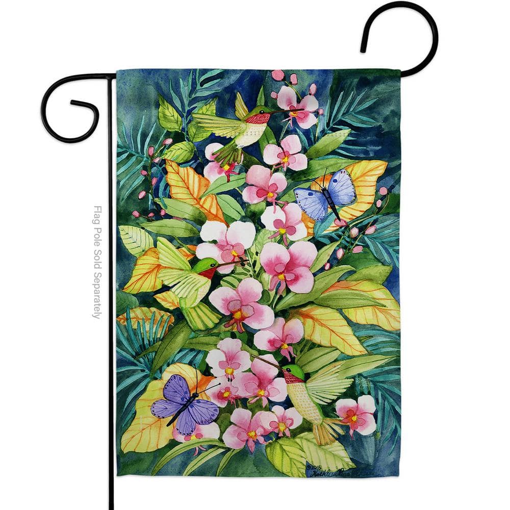 Breeze Decor 13 in. x 18.5 in. Orchids And Hummingbirds Birds Garden Flag 2-Sided Friends Decorative Vertical Flags