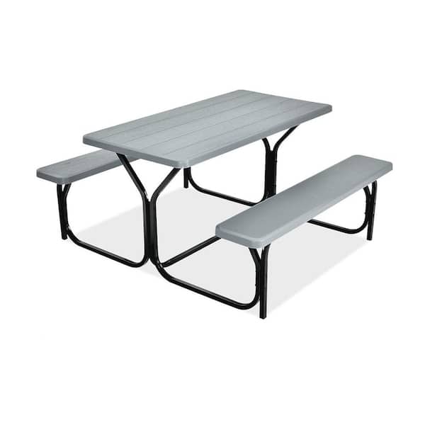 Oyezvary 59 HDPE Rectangular Picnic Table Bench Set with Steel Frame Wood-Like Texture Gray for Garden Lawn Deck