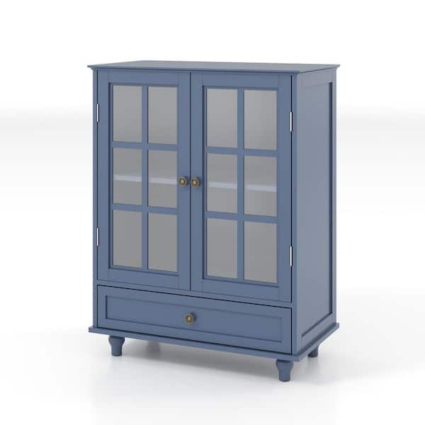28 in. W x 15 in. D x 36 in. H Modern Wooden Storage Pantry Buffet Cabinet in Blue with 2 Glass Doors and 1 Drawer