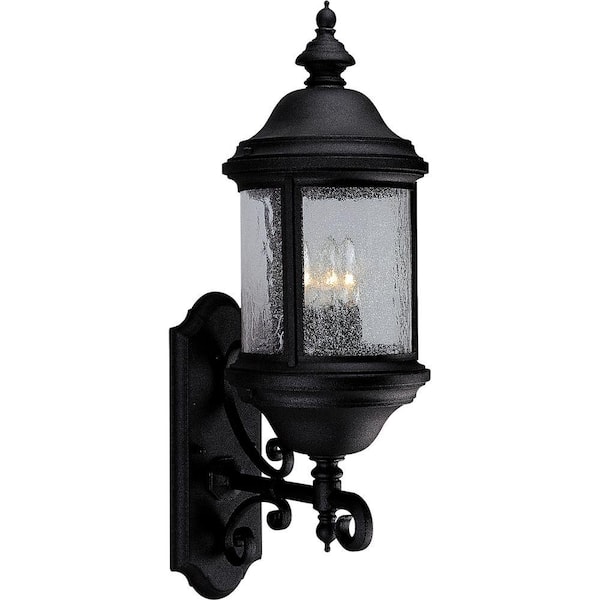 Progress Lighting Ashmore Collection 3-Light Textured Black Water Seeded Glass New Traditional Outdoor Extra-Large Wall Lantern Light