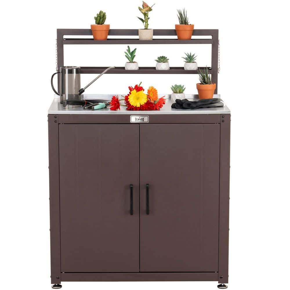 32 in. L x 18 in. W x 44.5 in. H, Brown, Outdoor Work Table with Elevated R