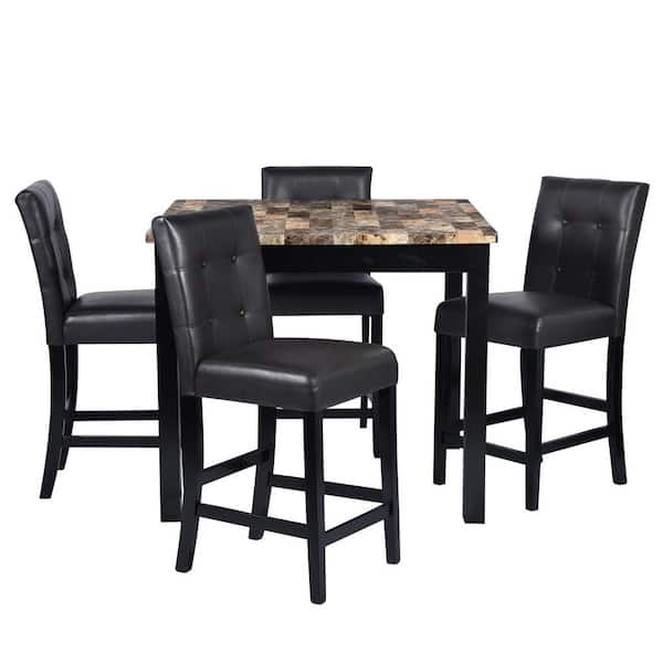 Homy Casa 5-Piece Square Faux Marble Top Black Counter Height Dining Set with Thick Cushioned Seat (Seat 4)