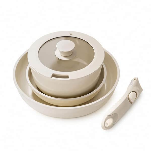 5 Piece Ceramic Nonstick Cookware Set in Beige White, Ceramic Coating, Detachable Handle, Induction Compatible