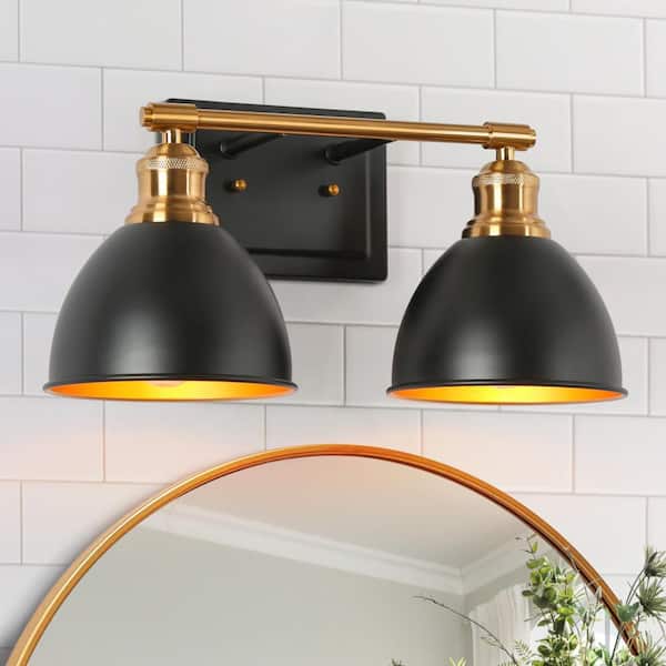 Zevni Classic 15.5 in. 2-Light Black Bathroom Vanity Light with Brass Inner Metal Shade, Industrial Wall Sconce for Foyer
