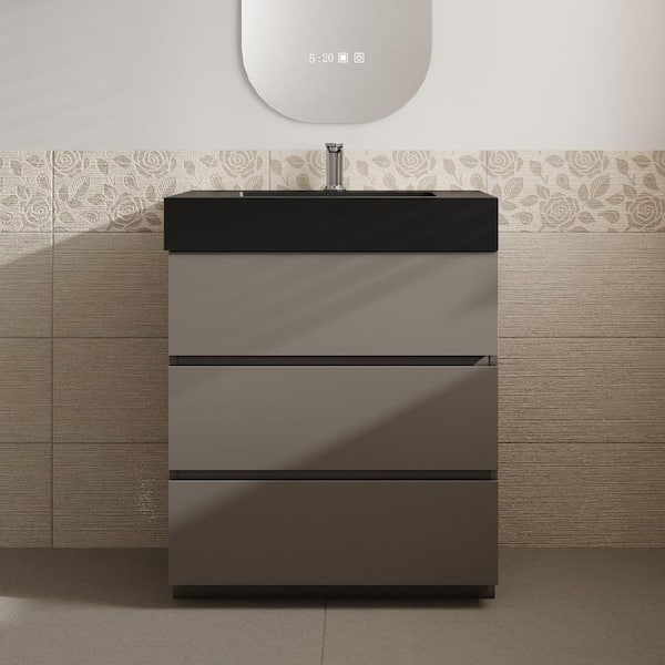 MEDUNJESS Aaby 30 in. W x 18 in. D x 37 in. H Bath Vanity Cabinet in Gray with Black Solid Surface Top and Sink
