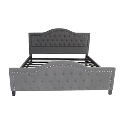 Virgil King-Size Tufted Dark Gray Fabric and Wood Bed Frame with Stud Accents