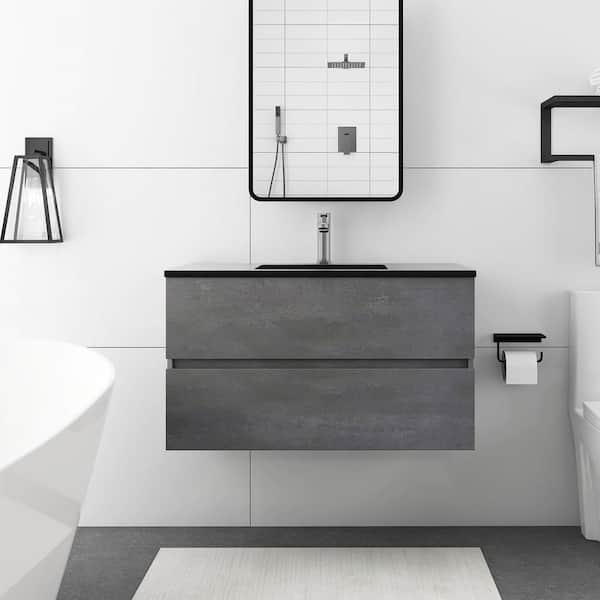 JimsMaison 36 in. W x 19 in. D x 21 in. H Single Sink Wall-Mounted Bathroom Vanity in Cement Grey with Black Quartz Top