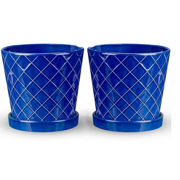 2-Piece 6 in. Sapphire Blue Ceramic Plant Pots (Drainage Plus Saucer)
