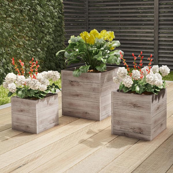 Pure Garden Wood-Look Planter Set of 3 - 15.1 in. , 12.1 in. and 9.6 in. Square Large Rustic Outdoor Planters, Gray