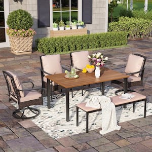 6-Piece Metal Patio Outdoor Dining Set with Brown Rectangle Table and Fashion Chairs with Beige Cushion