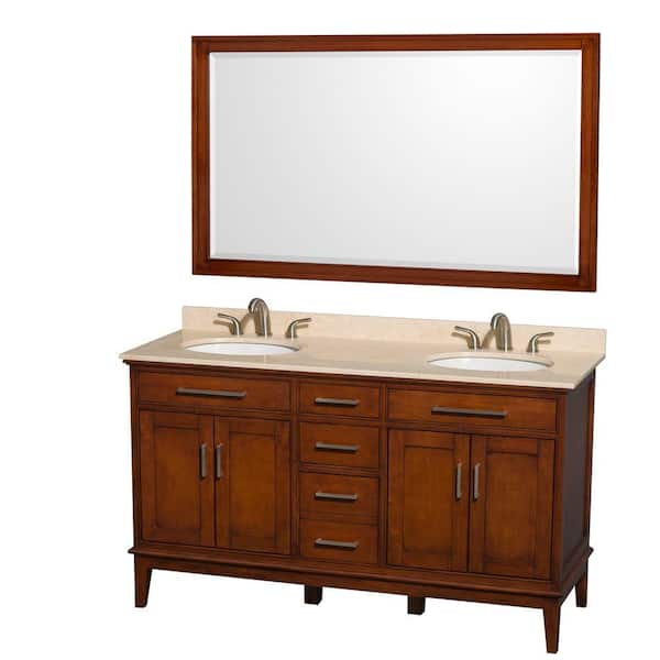 Wyndham Collection Hatton 60 in. Vanity in Light Chestnut with Marble Vanity Top in Ivory, Sink and 56 in. Mirror