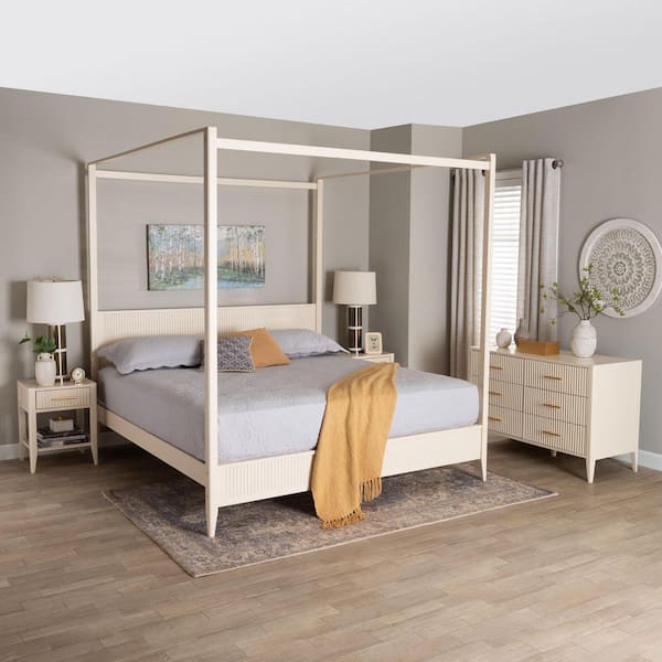 Primrose 4-Piece Ivory Wood King Canopy Bedroom Set