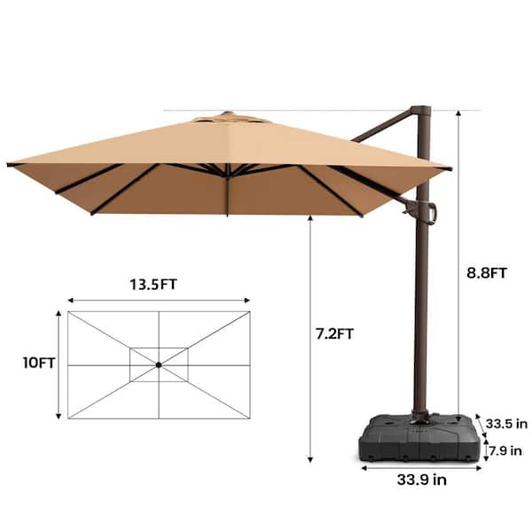 Heavy-Duty 13. 5 ft. x 10 ft. Aluminum Cantilever 360° Rotation Patio Umbrella in Tan with 260 lbs. Stand Fillable Base