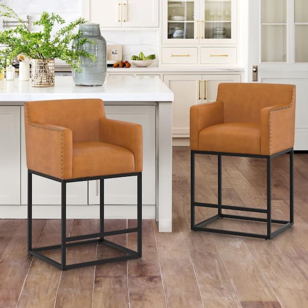 LUE BONA Luna 26 in. Whiskey Brown Faux Leather Counter Bar Stool with Black Metal Frame Square Counter Stool Set of 2
