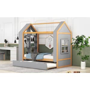 Gray Wood Frame Twin Size Platform Bed with Storage Shelves and Twin Size Trundle