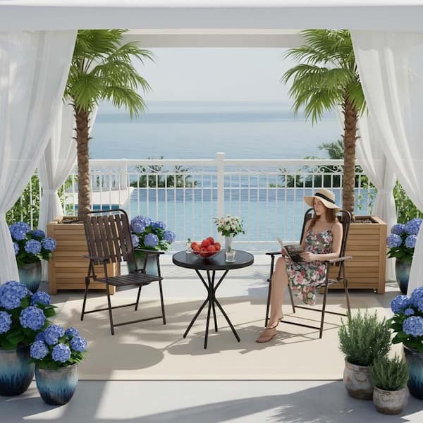 balcony patio set 3pc umbrella NUU GARDEN 3 Piece Bistro Table Cast Aluminum Outdoor Furniture with Hole and Grey Cushions for Patio Balcony, Black : Patio, Lawn & Garden Immerse yourself in an elegant and retro atmosphere with this sets antique country look Lark Manor Aleah 3-Piece Cast