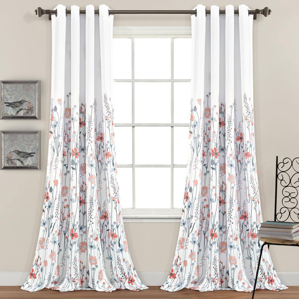 Clarissa Floral Blue Coral Polyester Light Filtering Window Curtain Panels