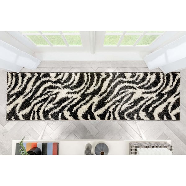 Madison Shag Safari Zebra Black 2 ft. x 7 ft. Contemporary Geometric Runner Rug