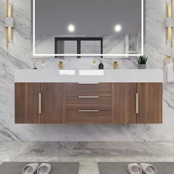 BV Better Vanity Bethany 59 in. W. x 20 in. D x 22 in. H Double Sink Floating Bath Vanity in Rosewood with White Acrylic Top