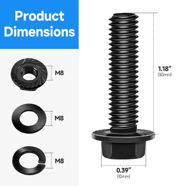 M8 x 30 mm Black Oxide Zinc Flanged Bolt (10-Pack), Class 10.9 Alloy Steel Bolt Set
