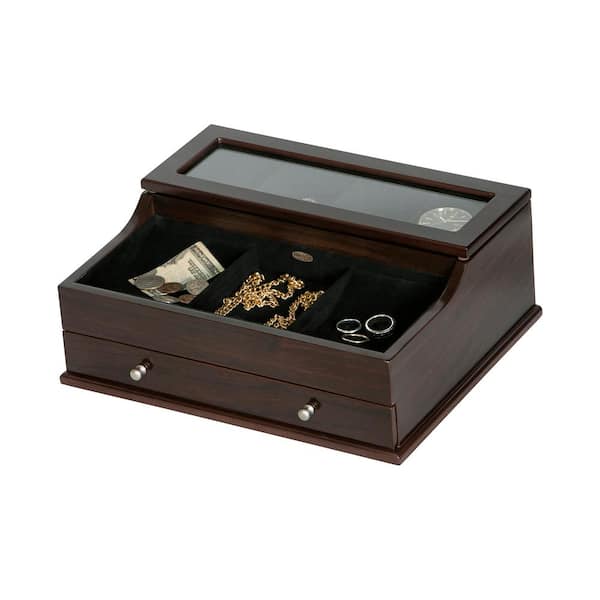 Elegant Burl Wood Glossy Mens Valet Ebony Large Jewelry Box