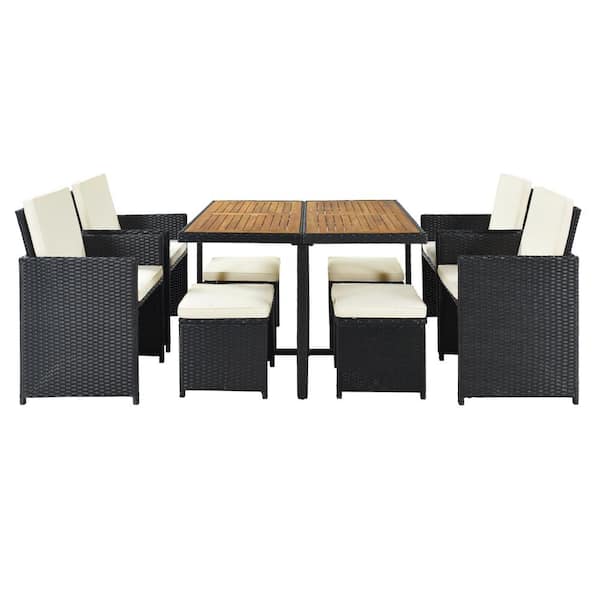 Sudzendf Black 9-Piece PE Wicker Outdoor Dining Set with Beige Cushion and Wood Tabletop for 8