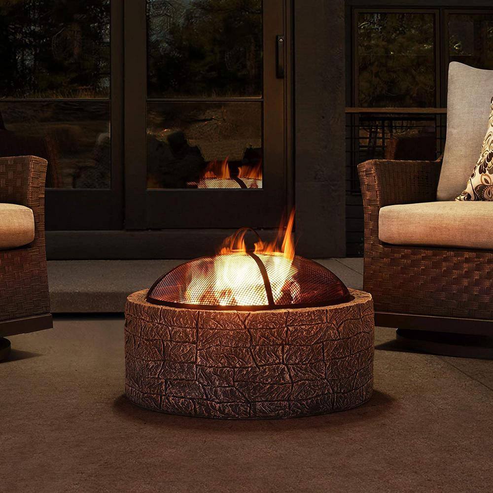 Gray Stone and Steel Wood-Burning Fire Pit with Mesh Screen