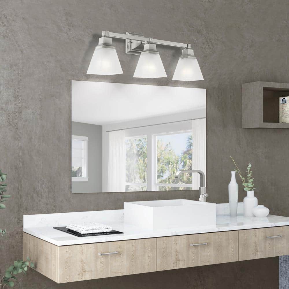 Brushed Nickel 3-Light Bathroom Vanity with Satin Glass Shades