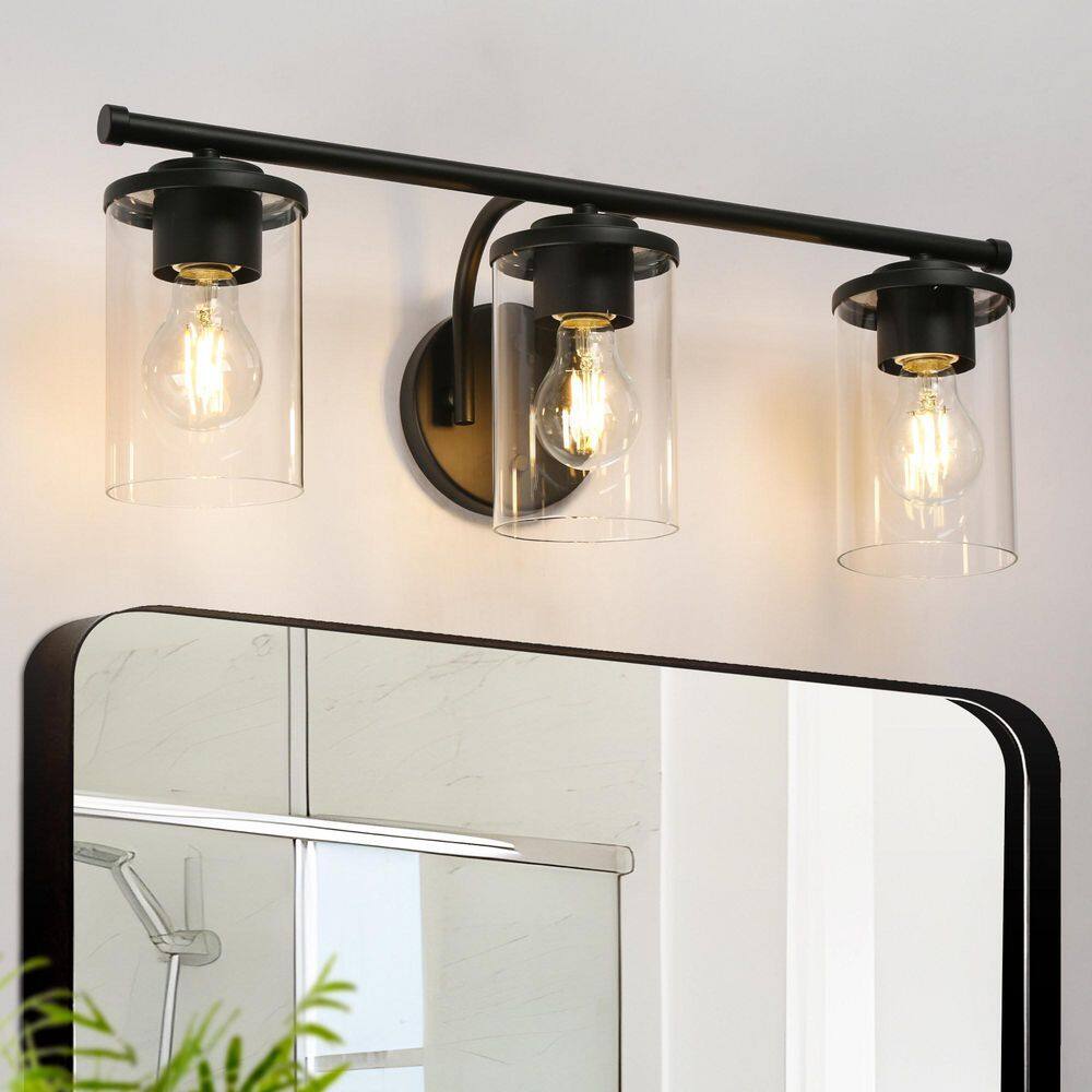 Modern Matte Black Vanity Light 21.75 in. 3-Light Bathroom Powder Room Wall Light with Cylinder Clear Glass Shades price history on PriceWatchPro