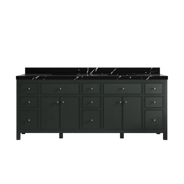 Willow Collections Sonoma 84 in. Double Sink Freestanding Dark Green Bath Vanity with Calacatta Black Qt. Top Unassembled