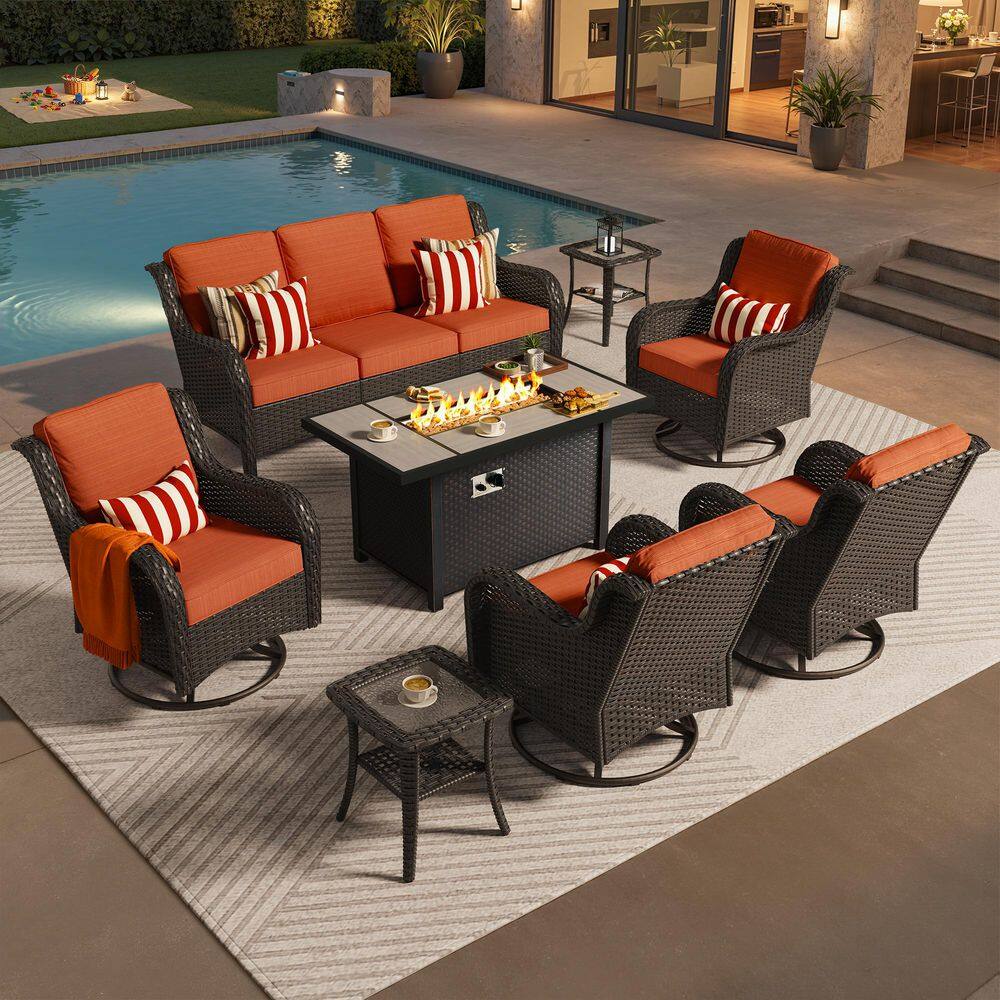 Garnet 8-Piece Wicker Outdoor Fire Pit Patio Conversation Sofa Set with Swivel Rocking Chairs and Orange Red Cushions price history on PriceWatchPro