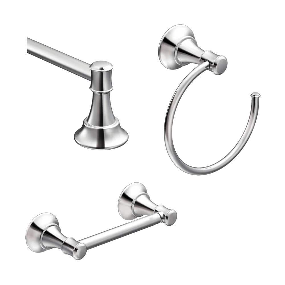 Ashville 3-Piece Bath Hardware Set with 18 in. Towel Bar, Paper Holder, and Towel Ring in Chrome -  MOEN, AshvilleCH3PC18