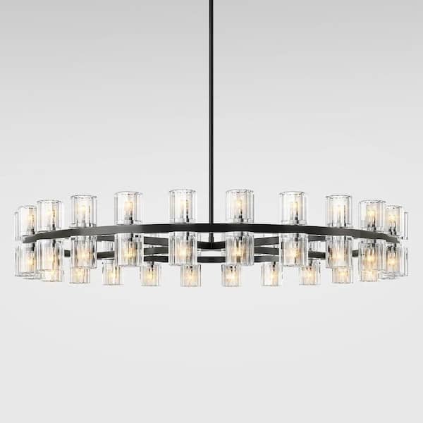 Gleam Flare 48-Light Black Round Chandelier with Rod, 48in. Modern K9 Crystal Chandelier for Dining Room, Living Room, Foyer