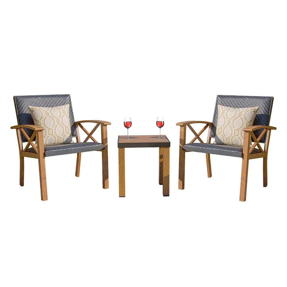3-Piece Wood Outdoor Patio Conversation Set with Beige Pillows, Wicker Padd