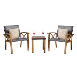 3-Piece Wood Outdoor Patio Conversation Set with Beige Pillows, Wicker Padded Porch Chairs, Coffee Table