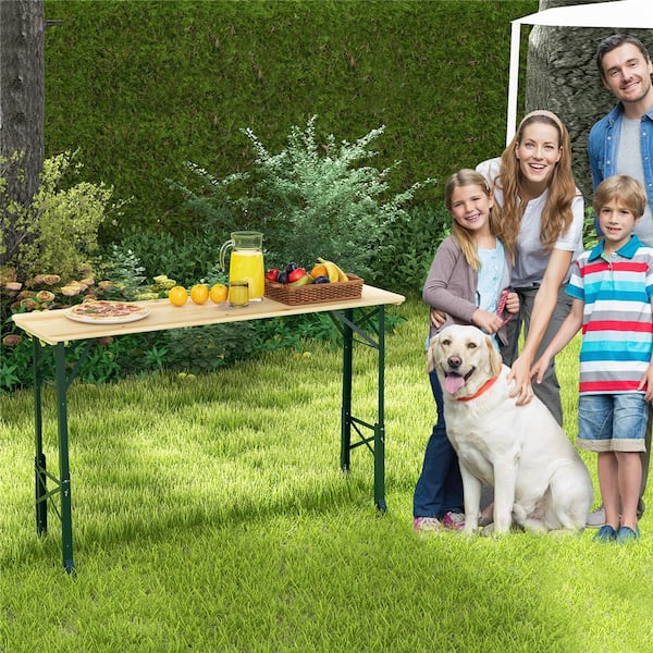 66.5 in. Width in Natural Rectangle Wood Metal Picnic Table Height Adjustable Folding Beer Table with Umbrella Hole