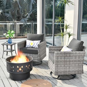 Eufaula Gray 4-Piece Wicker Outdoor Patio Conversation Swivel Chair Set with a Wood-Burning Fire Pit and Black Cushions
