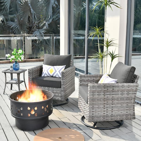 Toject Eufaula Gray 4-Piece Wicker Outdoor Patio Conversation Swivel Chair Set with a Wood-Burning Fire Pit and Black Cushions