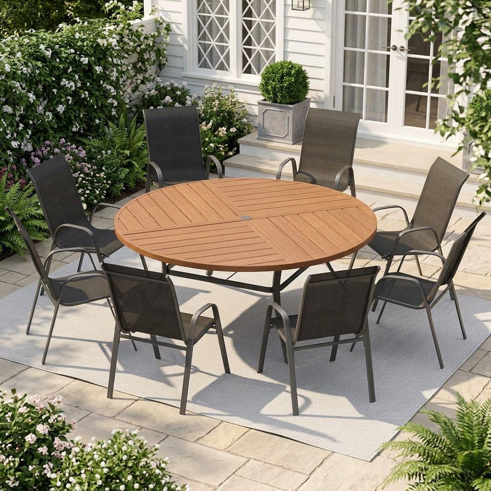 9-Piece Metal Outdoor Dining Set with 53.1 in. Walnut Round Patio Table and 8 Stackable Textilene Chairs in Black Fabric price history on PriceWatchPro