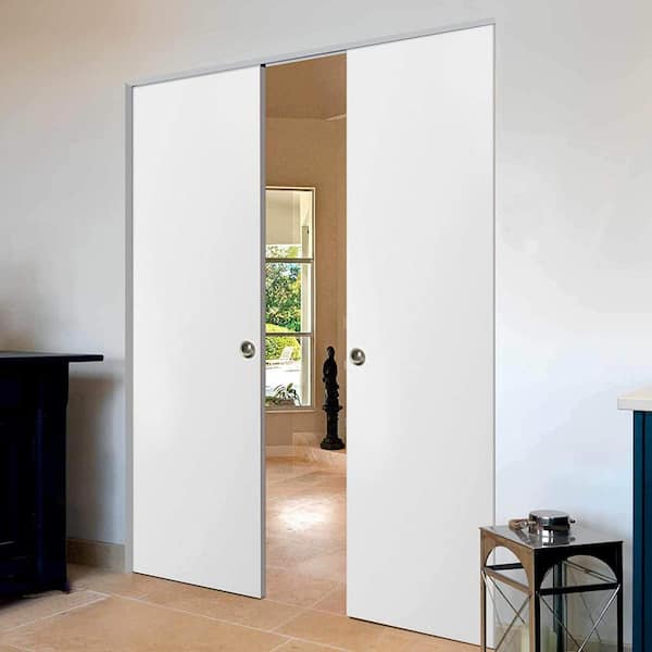 Planum 0010 60 in. x 84 in. Flush White Finished Wood Sliding Door with Double Pocket Hardware