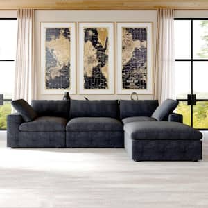 120.45 in. Modular 4-Piece 30% Linen Down Filled Seperable 3-Seater Rectangle Sectional Sofa Couch with Ottoman in Black