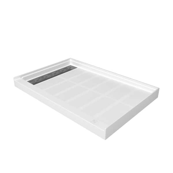 48 in. L x 32 in. W Alcove Single Threshold Shower Pan Base with Left Linear Drain in White, S/S Drain Cover Included