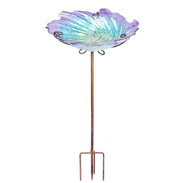 26 in Glass Purple Bird Baths, Garden Bird Bath Bowl with Metal Stake Birdbaths
