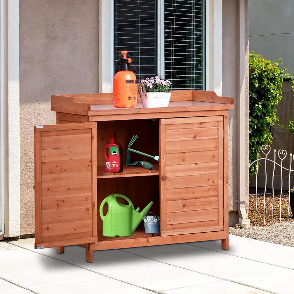 39 in. ch Wooden Outdoor Potting Table Storage Cabinet, Rustic Garden Workb