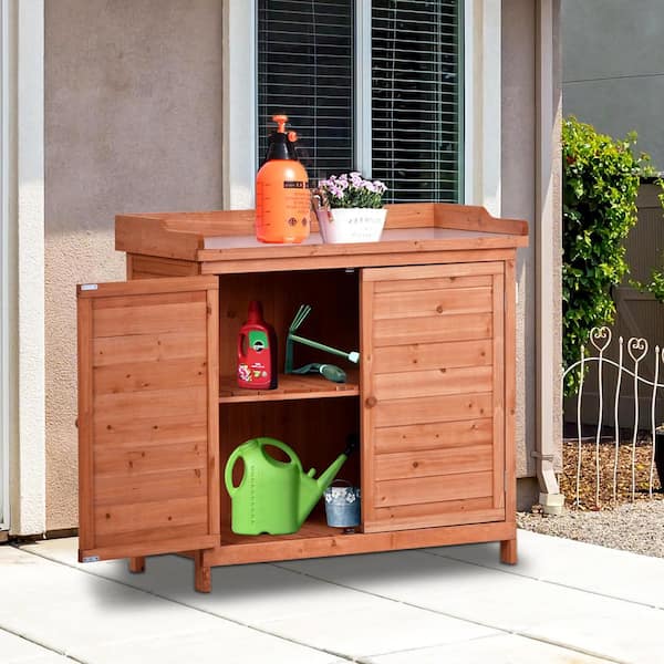 Unbranded 39 in. ch Wooden Outdoor Potting Table Storage Cabinet, Rustic Garden Workbench with 2 Shelves and Side Hooks, Orange