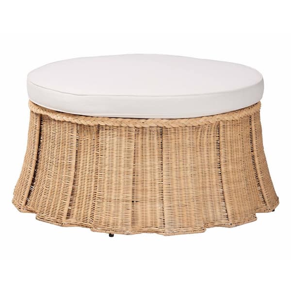 Ying Natural Brown Rattan Cocktail Ottoman with Fabric Cushion