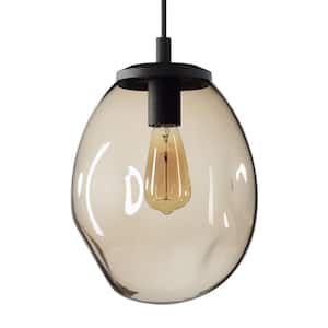 Organic Contemporary 9 in. W x 12 in. H 1-Light Black Hand Blown Glass Pendant Light with Brown Glass Shade