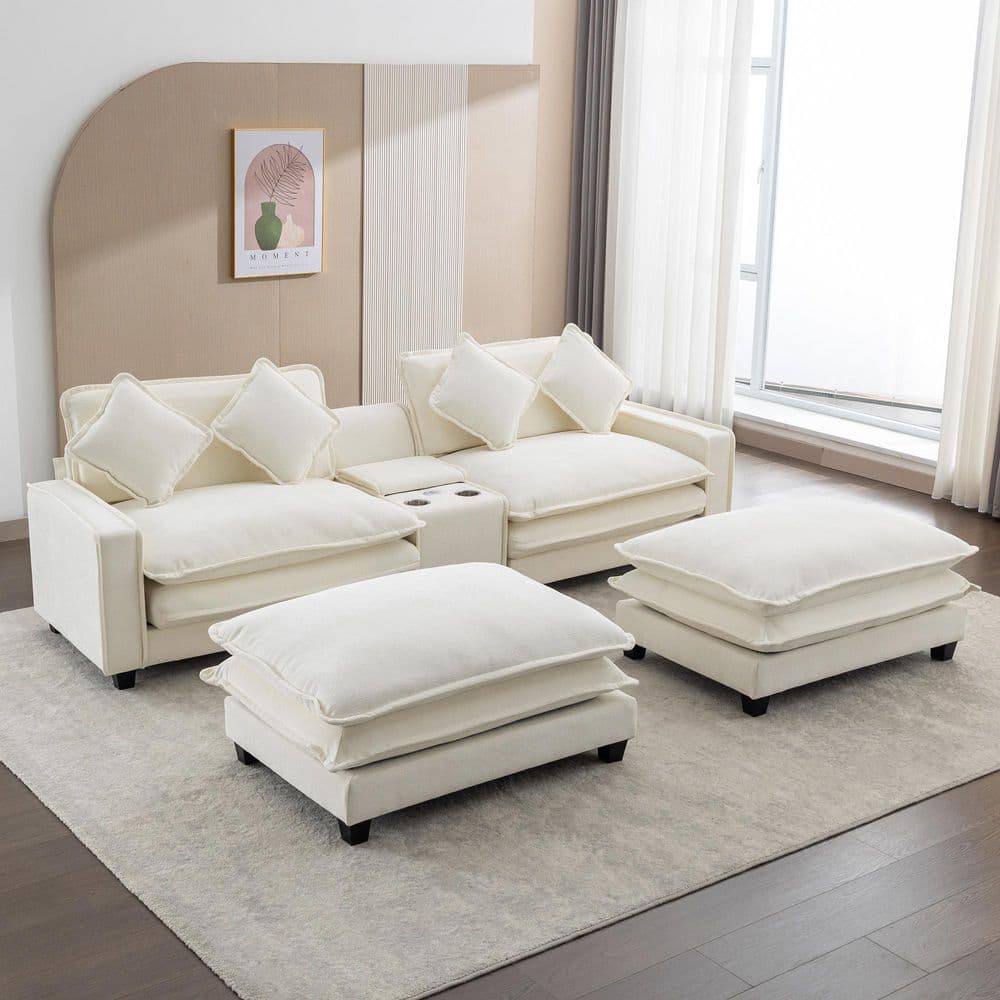 Joan 111 in. Chenille Upholstered Rectangle Sectional Sofa in Beige with 2 Removable Ottoman, 2 Cup Holders, Storage Box price history on PriceWatchPro
