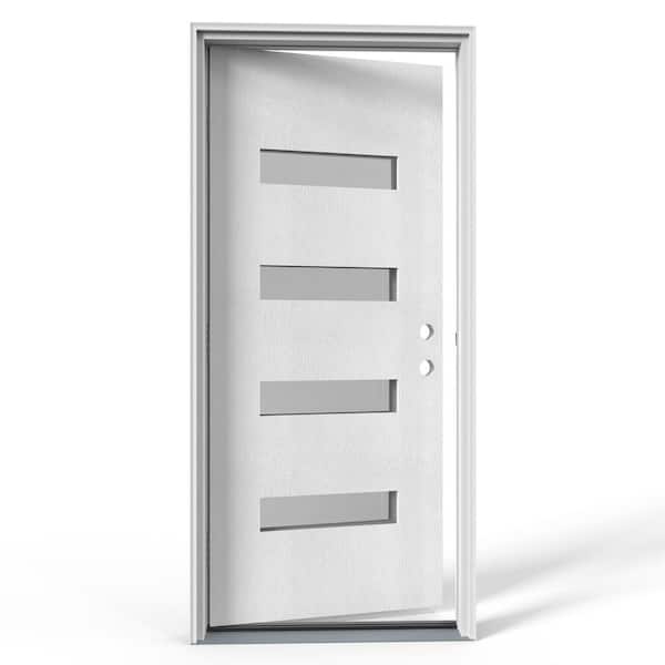 36 in. x 80 in. Left-Hand 4-Lite Frosted Glass Finish White Fiberglass Prehung Front Door with Hinges, Threshold